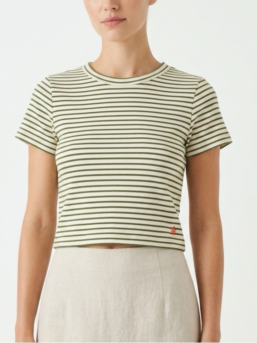 Samii Ryan Short Sleeve Ribbed Striped Crop Top Green Off-White M